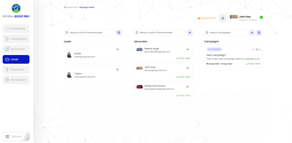 This image displays a user interface of a referral program management tool with sections for Leads, Advocates, and Campaigns, including email contacts and statuses.