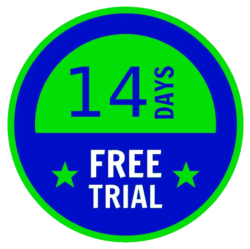 The image displays a circular badge with a green and blue color scheme, indicating a "14 DAYS FREE TRIAL" offer, with two stars at the bottom.